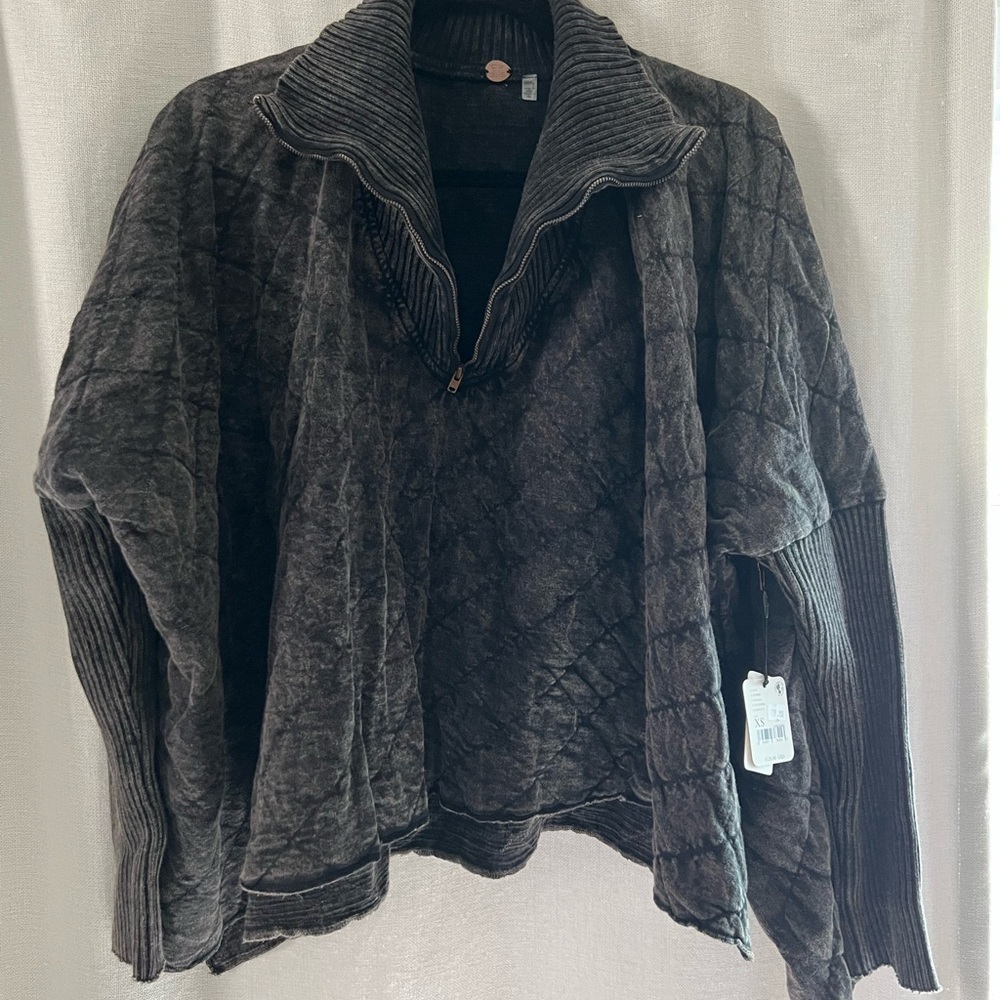 Brand New Free People Charcoal Half Zip Quilted Sweatshirt with Ribbed Details